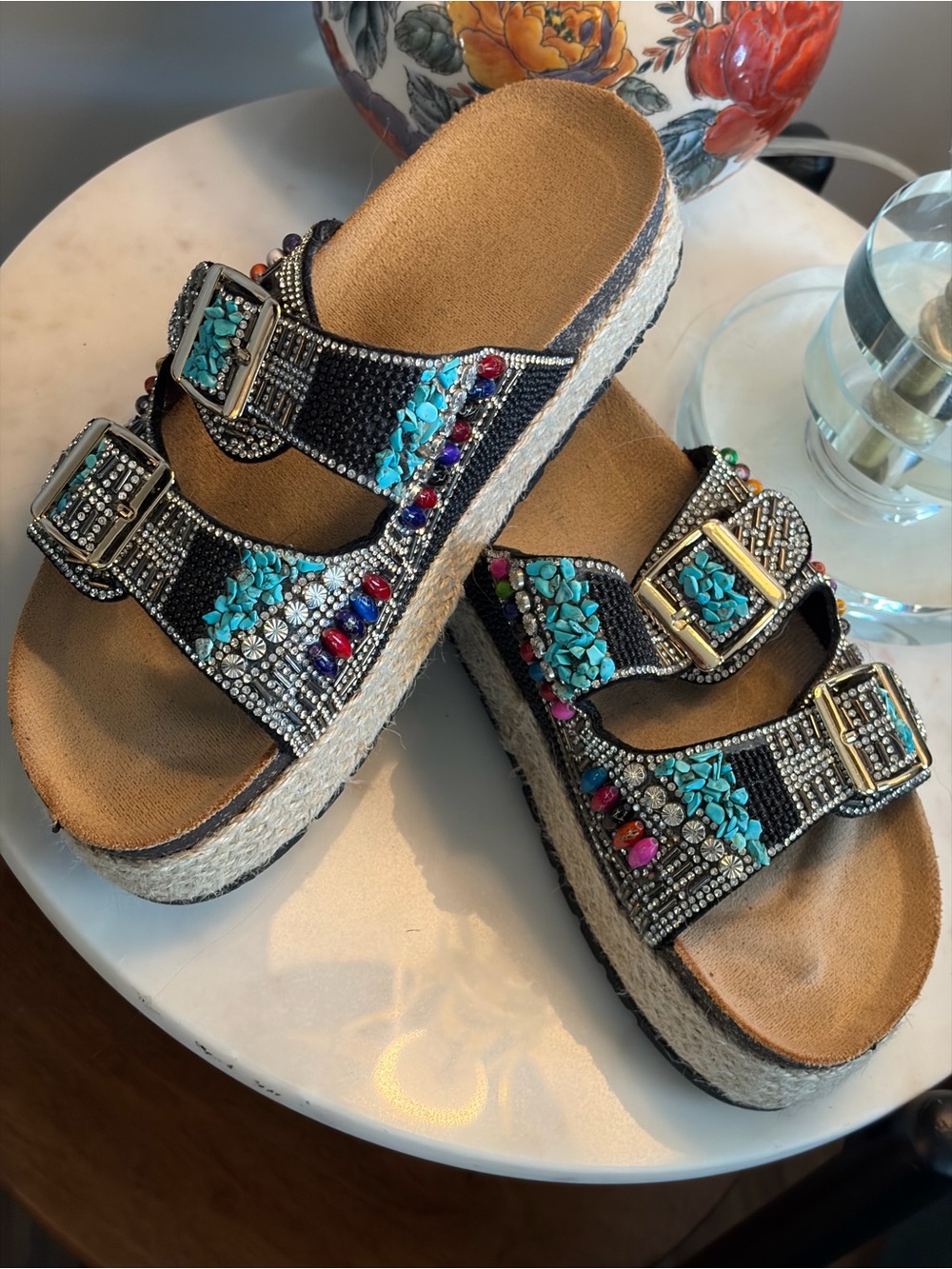 Embellished Black Platform Slide Sandals with Turquoise Accents